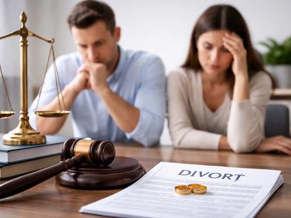 Cuplu aflat în proces de divorț, la masa avocatului, cu acte de divorț, verighete și simboluri juridice în prim-plan.